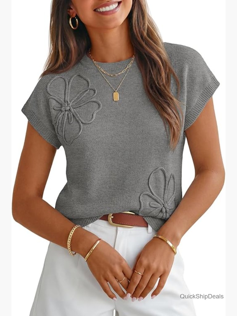 Rayon Blend Floral Knit Sweater Vest Cap Sleeve Pullover Top